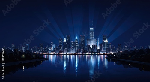 Experience the vibrant pulse of a modern metropolis at night, with dazzling city lights reflecting majestically across the calm water, evoking ambition and endless possibility for your next project.