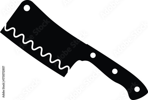 A black silhouette of a heavy duty butcher knife with a serrated edge and rivets silhouette