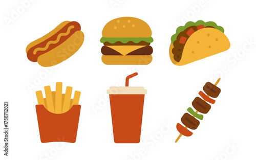 Colorful icons of fast food classics in flat design
