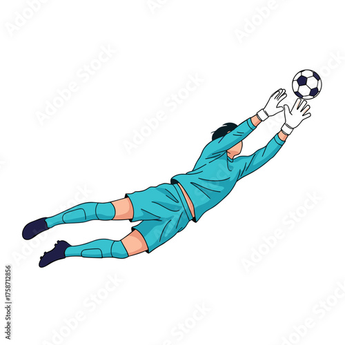 A determined soccer goalkeeper leaps to catch the ball during a game.