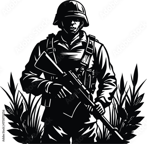 Silhouette of military army with weapons, usa men soldiers with rifle, salute soldier and american veteran. Independence or memorial day background with army soldier silhouette. Pride and honor symbol