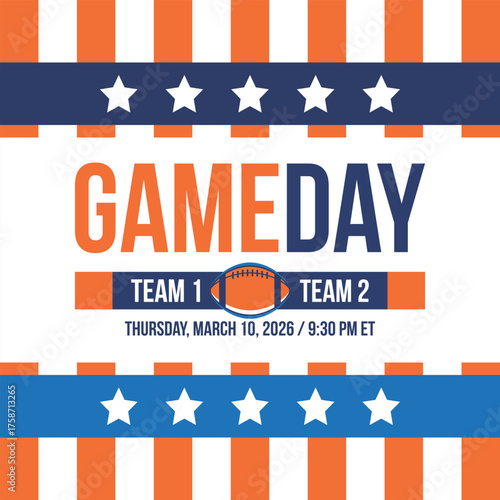 Game Day. American football playoff. Super Party in United States. Final game of regular season. Professional team championship. Ball for american football. Sport poster. Vector illustration
