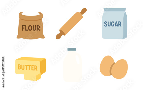 Baking essentials: flour, sugar, butter, milk, eggs, rolling pin icons in flat style