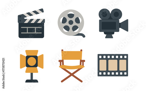 Cinema and filmmaking icons set featuring classic equipment in flat design
