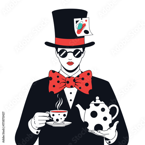 A stylishly dressed person in a top hat and bow tie holding a cup of tea and a teapot.