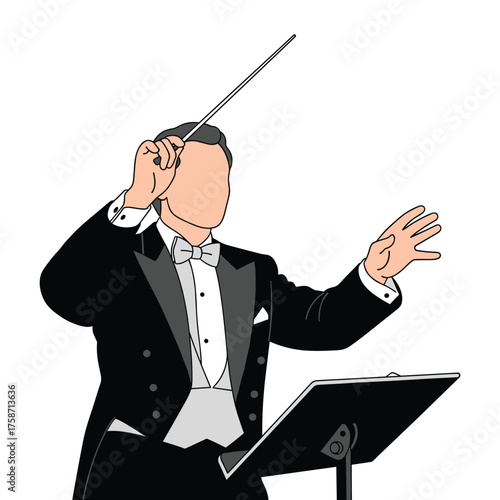 A conductor in formal attire leads an orchestra with a baton.