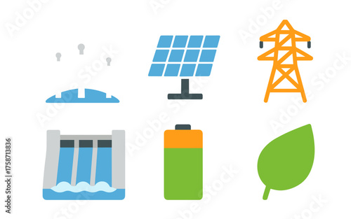 Clean energy icons set featuring wind solar hydro and biomass power