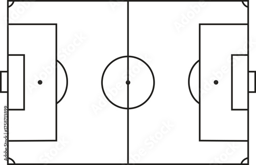 Soccer Field Layout Vector Outline. Football Pitch Minimalist Line Drawing for Game Strategy, Tactics Board, or Sport Event Design.