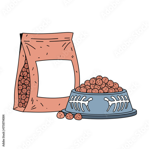 A bag of pet food stands next to a bowl full of kibble for your furry friend.