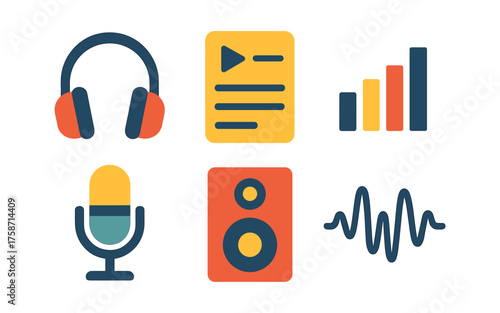 Modern audio and sound icons in flat design for multimedia applications