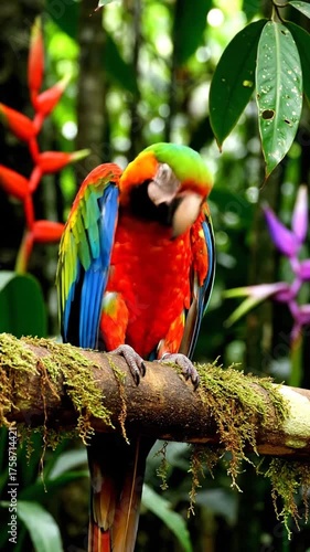 Vibrant parrot perched on a branch with lush green foliage