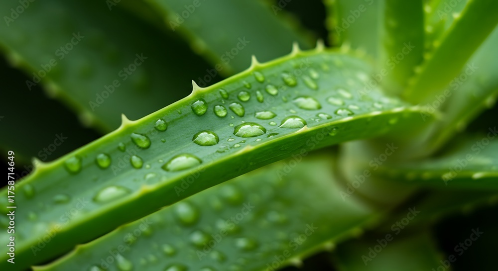 Naklejka premium Close up of vibrant green aloe vera plant with water droplets