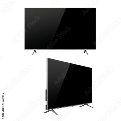 Two views of a modern black television isolated on transparent background