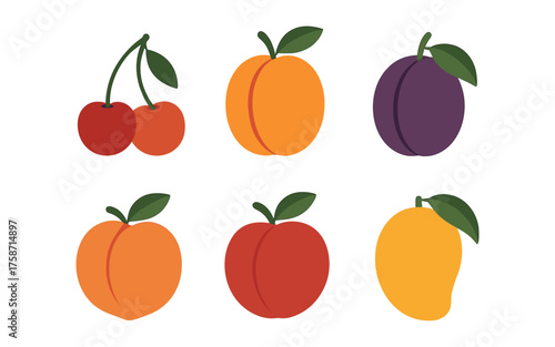 Colorful flat design fruit collection with cherries, peach, plum, and mango