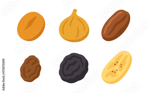Assorted dried fruits collection: apricot, fig, date, raisin, prune, golden raisin