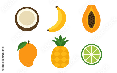 Colorful flat tropical fruit icons set with coconut, banana, papaya, mango, pineapple, and lime