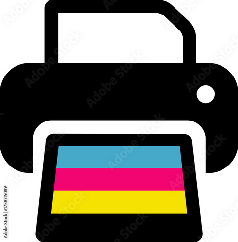 Logo for a printing company: a simple design representing a stylized printer with a sheet in CMYK colors (cyan, magenta, yellow) to clearly symbolize a printing service.
