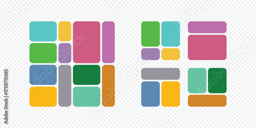 Modern bento grid collage template. Vibrant abstract layout with colorful rounded rectangles. Perfect for social media, presentations, and mockups.