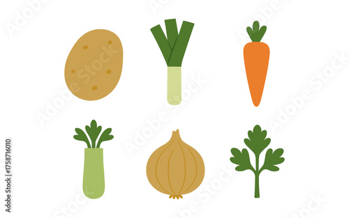 Fresh vegetables set: potato, carrot, onion, leek, celery, parsley in flat design