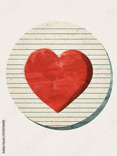 Red Heart Illustration on Vintage Paper Circle Background