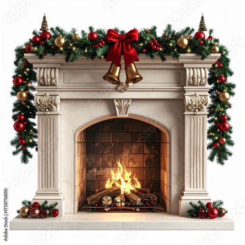 Elegant Fireplace Decorated with Christmas Garland and Ornaments Isolated on White