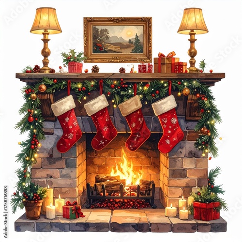 Festive Christmas Fireplace with Red Stockings Garland and Decorations