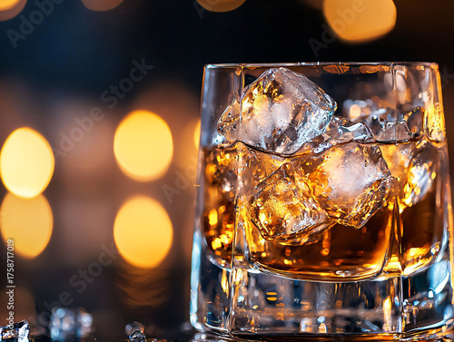 Glass of whiskey with ice cubes against blurred background lights