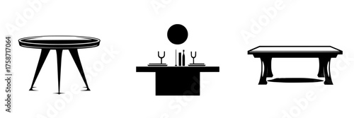 Different styles of tables showcased in a minimalist design setting highlighting dining and decor options