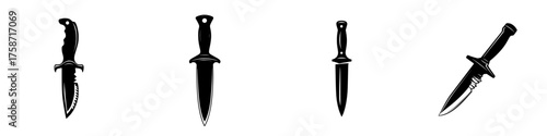 Collection of various knife designs displayed against a white background showing different shapes and styles for culinary or outdoor use