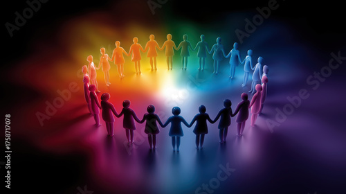 People united in a colorful circle of light during an event
