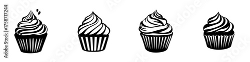 Deliciously decorated cupcakes arranged in a row with varying icing styles and textures