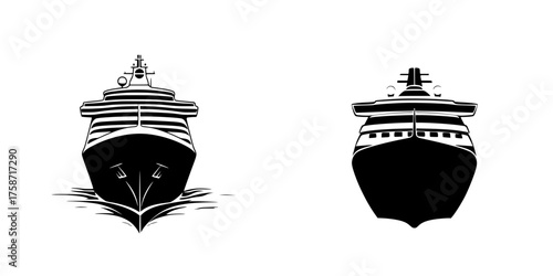 Black and white line art of ships facing each other on a calm sea