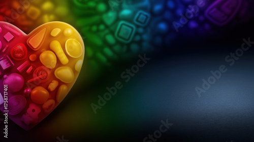 Colorful heart shape filled with various shapes and patterns