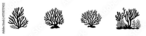 Various designs of abstract coral structures displayed in a minimalist style showcasing marine life elements