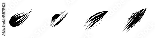 Various artistic interpretations of dynamic shapes resembling movement and speed with flowing lines