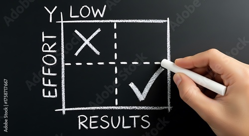 Effort vs results matrix on blackboard with chalk drawing a checkmark in the high results, low effort quadrant