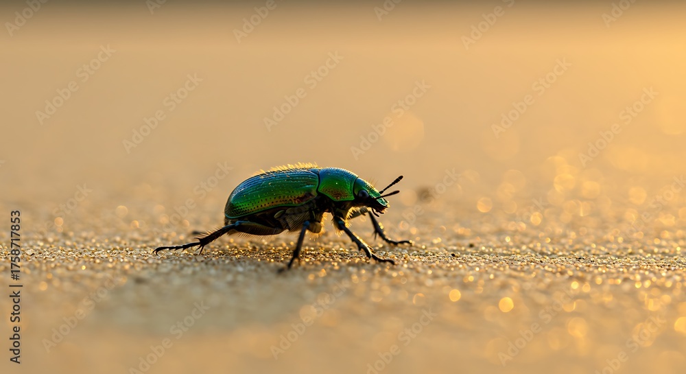 Fototapeta premium Close up of a vibrant green beetle on sandy surface in soft sunlight