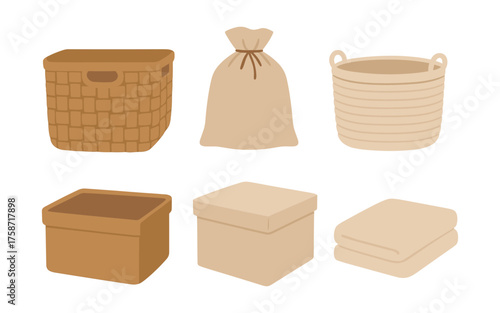Collection of minimalist neutral storage baskets and boxes in earth tones