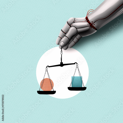 Creative art collage depicting a robot hand holding the scales of justice. Concept of artificial intelligence in the legal and judicial system. Symbol of fairness and technology.