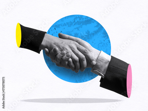 Handshake between two partners. Art collage.