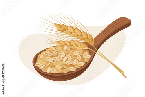 Wooden spoon filled with oats and wheat stalks on a light background