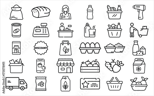 Collection of hand drawn grocery store icons and symbols for shopping and food