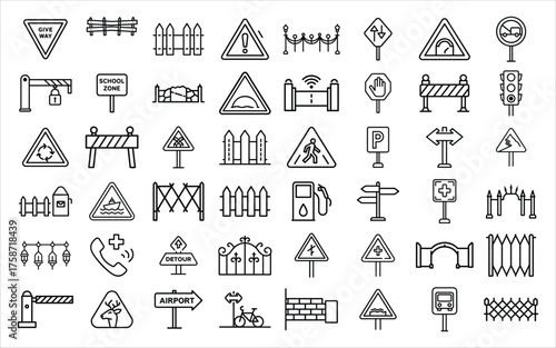 Collection of hand drawn road signs and symbols for navigation and safety