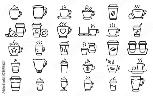 Collection of hand drawn coffee and tea cup icons and illustrations