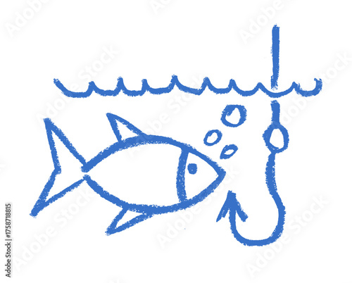 Fish And Hook Fishing Related Icon Crayon Chalk Drawing Doodle Vector