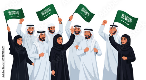 A group of Saudi Arabian men and women in traditional clothing celebrating and waving the national flag of Saudi Arabia.