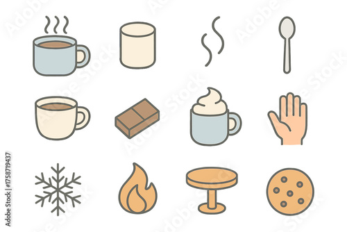 Cozy beverage and dessert icons: warm drinks, chocolate, and more