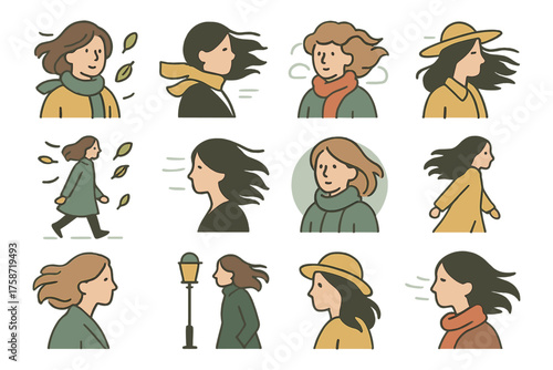Stylish autumn walk with retro cartoon characters in windy weather