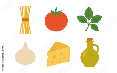 Flat icons of pasta, tomato, basil, garlic, cheese, and olive oil for culinary designs