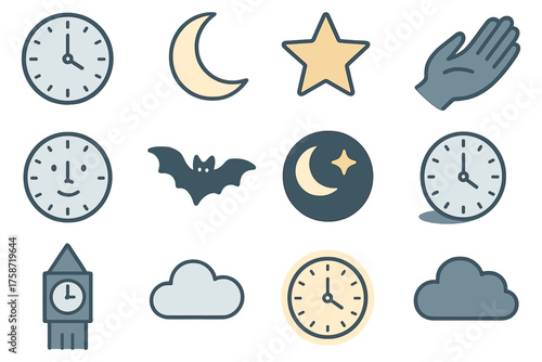 Flat style icons of clocks, moon, stars, hand, bat, clouds for nighttime themes